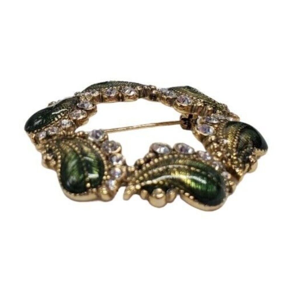 Vintage Monet Green Wreath Brooch Rhinestone Enamel Paisley Circle Gold Tone - Picture 6 of 9